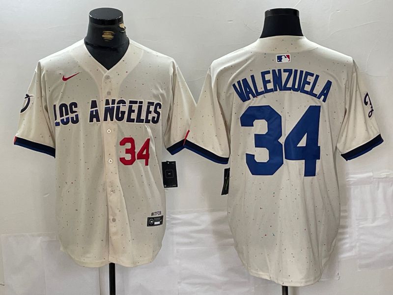 Men Los Angeles Dodgers #34 Valenzuela Cream Fashion Nike Game MLB Jersey style 2